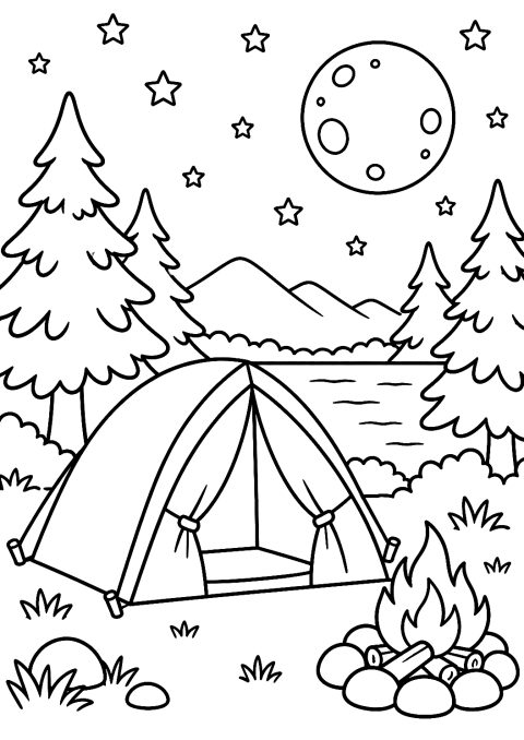 La Lune Au-Dessus de la Tente en Camping à Colorier – coloriage à imprimer