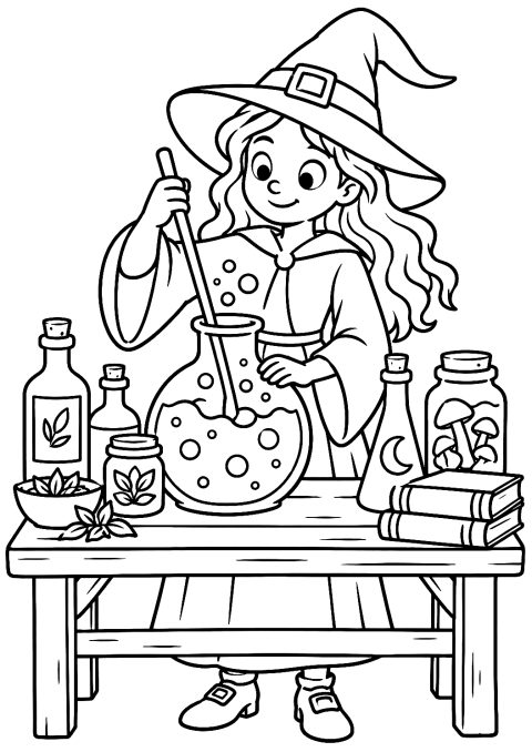 Bruja removiendo una poción mágica en el laboratorio para colorear – dibujo para colorear e imprimir