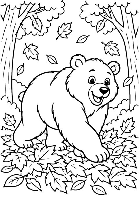 Orso tra le foglie d'autunno da colorare – disegno da colorare da stampare