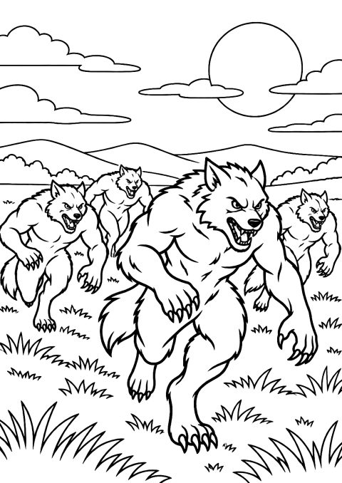 Werewolf Pack Walking Through the Prairie Coloring Page – printable coloring page