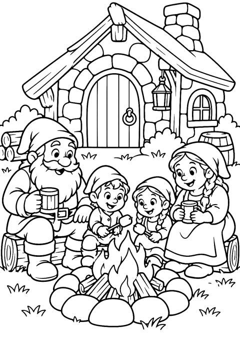 Gnome Family by the Campfire Coloring Page – printable coloring page