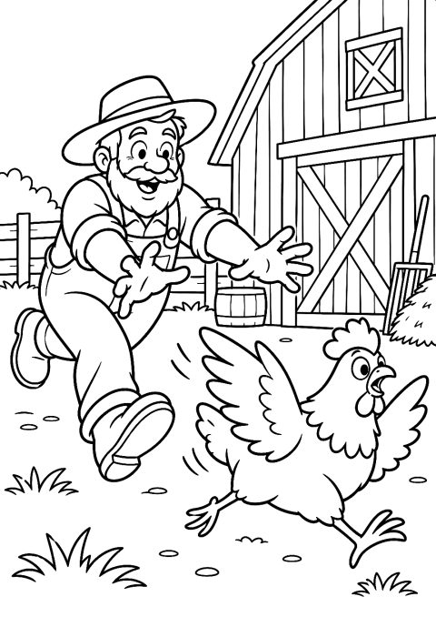 Farmer Catching an Escaped Chicken Coloring Page – printable coloring page