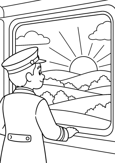 Train Driver Watching the Sunrise from the Train Window Coloring Page – printable coloring page