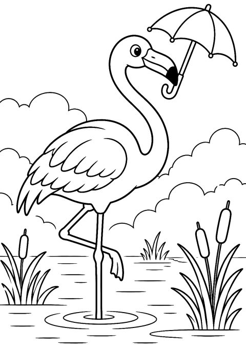 Siste Şemsiyeli Flamingo boyama sayfası – yazdırılabilir boyama sayfası