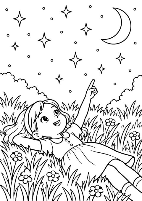 草むらに寝転んで星を数える女の子のぬりえ – 印刷用ぬりえ