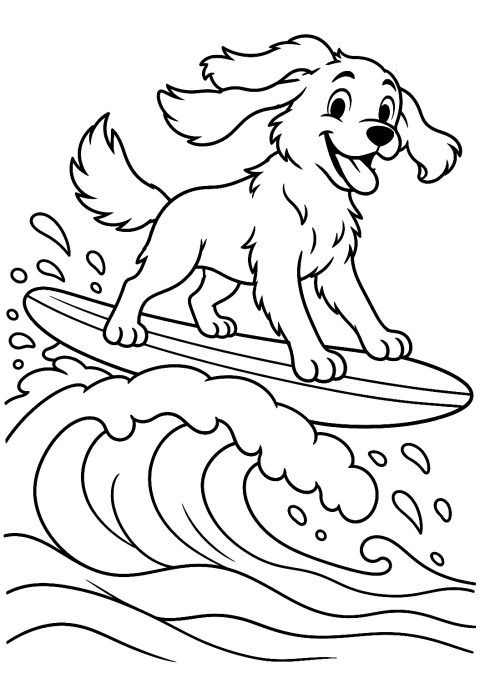 Perro en la tabla de surf para colorear – dibujo para colorear e imprimir