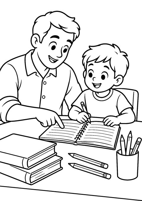 Father Helps Child With Homework Coloring Page – printable coloring page