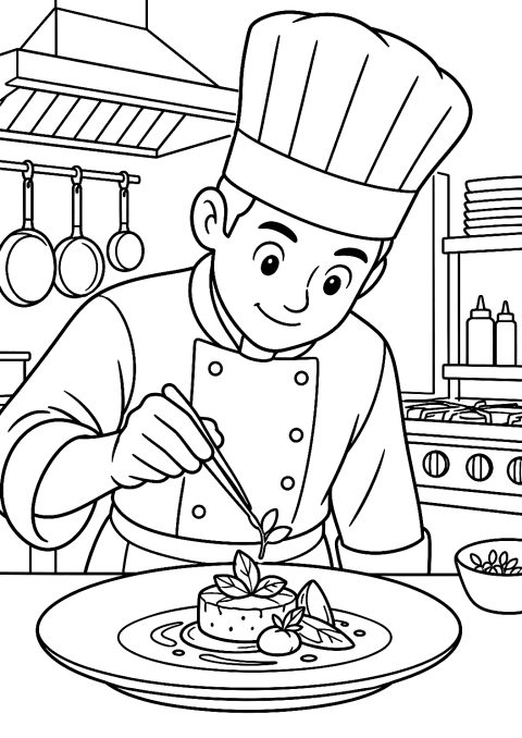 Kock som anrättar en tallrik på restaurang som målarbild – målarbild att skriva ut