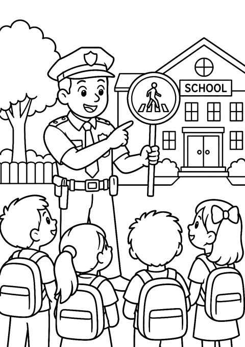 警察在学校上交通安全课涂色页 – 可打印的涂色图