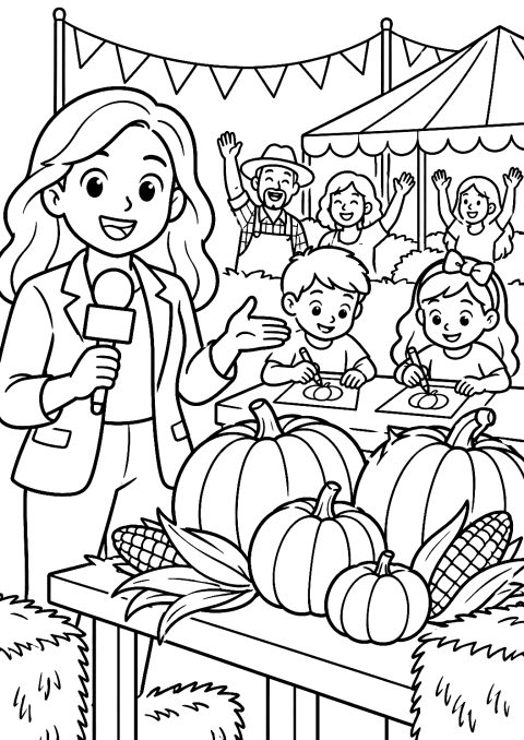 Página para Colorear de un Reportero Cubriendo una Fiesta de la Cosecha – dibujo para colorear e imprimir