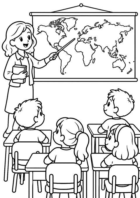Enseignant expliquant une carte du monde à colorier – coloriage à imprimer