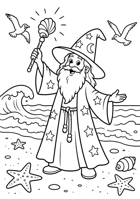 Magicien sur la Plage avec Baguette en Coquillage à Colorier – coloriage à imprimer