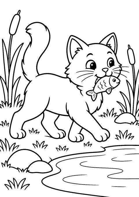Ağzında Balık Olan Kedi Boyama Sayfası – yazdırılabilir boyama sayfası