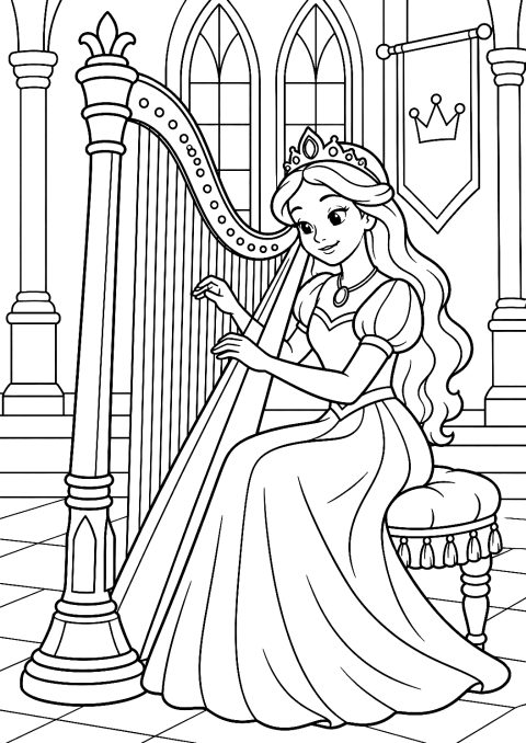 Prinsesse som spiller harpe som fargeleggingsark – fargeleggingsark for utskrift