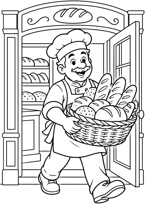Panadero con una Cesta de Pan Fresco para Colorear – dibujo para colorear e imprimir