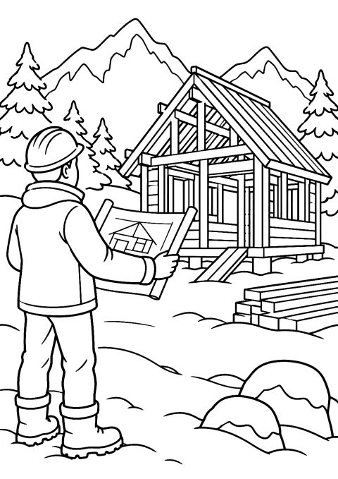 Arquitecto en la Nieve Frente a una Cabaña de Montaña con un Plano para Colorear – dibujo para colorear e imprimir