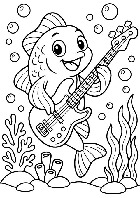 Bassista in una band sottomarina da colorare – disegno da colorare da stampare