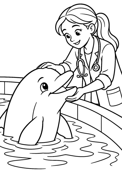 Vétérinaire examinant un dauphin à l'aquarium à colorier – coloriage à imprimer