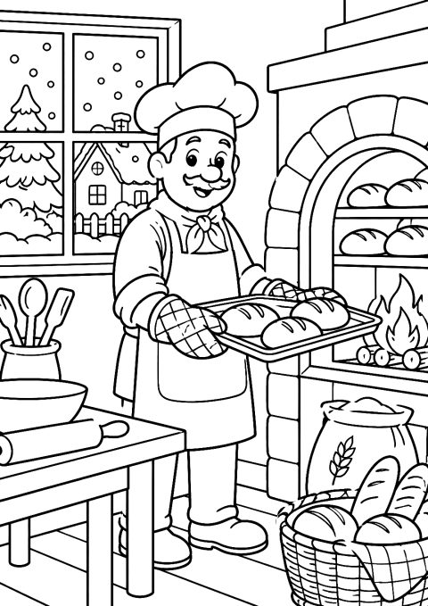 Panadera Horneando en la Panadería de Invierno para Colorear – dibujo para colorear e imprimir
