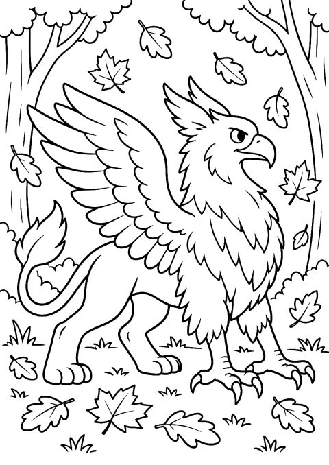 Grifone nel Bosco Autunnale da Colorare – disegno da colorare da stampare