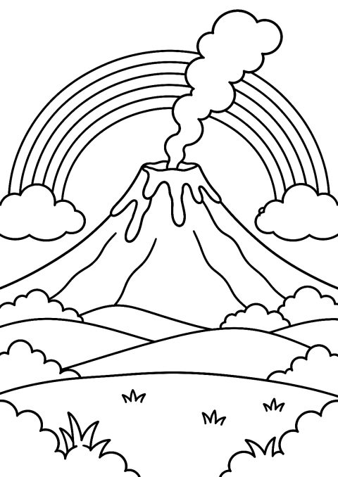 Volcano with Rainbow After the Eruption Coloring Page – printable coloring page