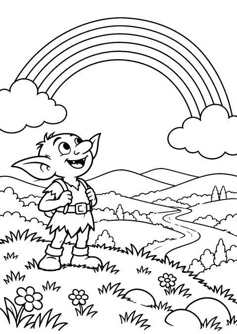 Goblin unter dem Regenbogen als Malvorlage – Ausmalbild zum Ausdrucken