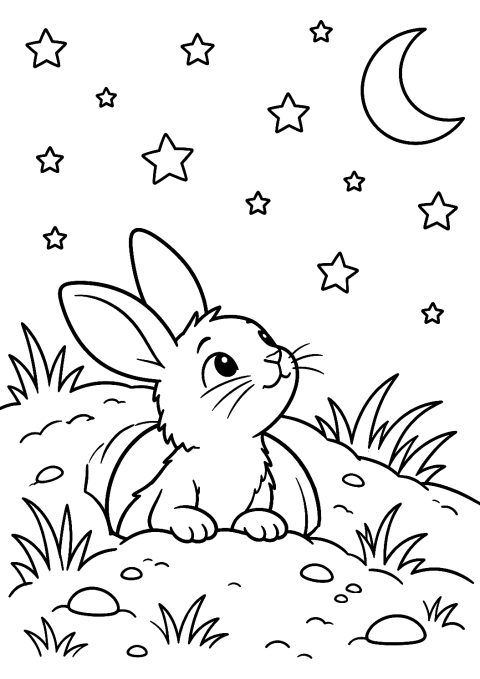 Hase schaut aus seinem Bau in die Sterne als Malvorlage – Ausmalbild zum Ausdrucken