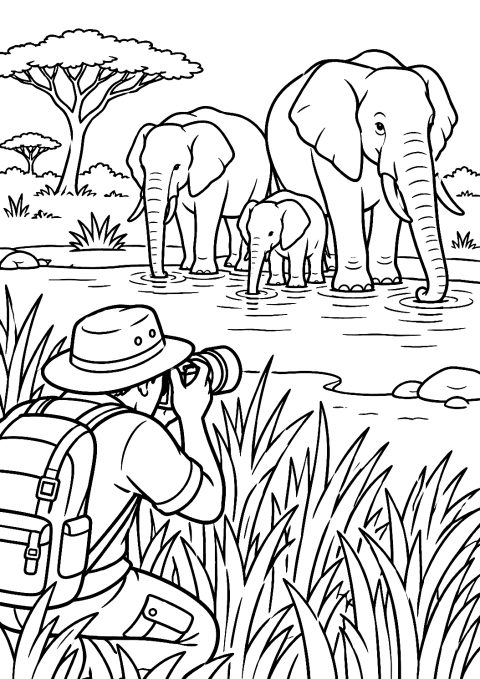 Fotografin fotografiert Elefanten an einem Wasserloch als Malvorlage – Ausmalbild zum Ausdrucken