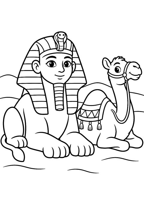 Sphinx neben einem Kamel als Malvorlage – Ausmalbild zum Ausdrucken