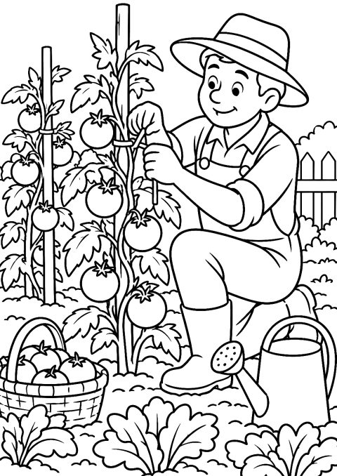 Gärtnerin beim Anbinden von Tomatenpflanzen als Malvorlage – Ausmalbild zum Ausdrucken