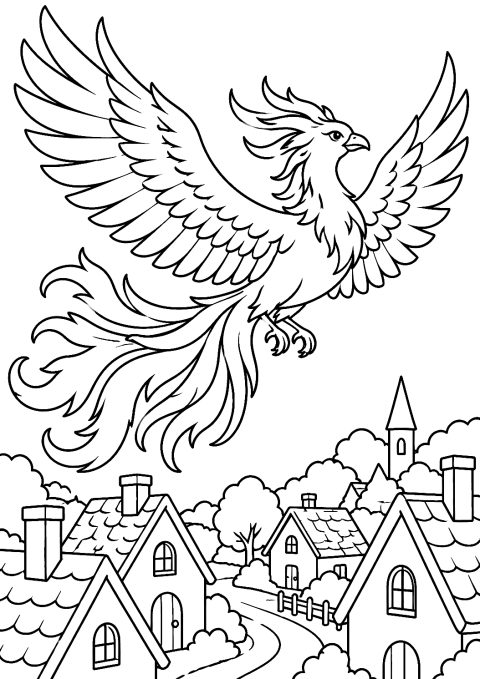 Fénix volando sobre un pueblo para colorear – dibujo para colorear e imprimir