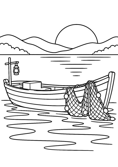 Fiskerbåd ved solnedgang på floden som tegning til farvelægning – malebog til udskrivning