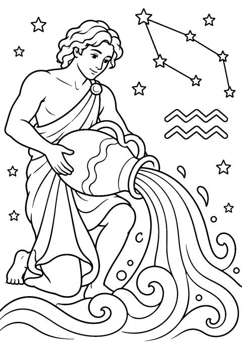 Aquarius Zodiac Sign with Water Jug Coloring Page – printable coloring page