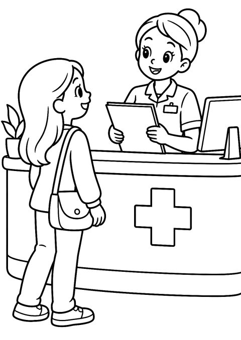 Kliniğin danışma bankosunda hemşire boyama sayfası – yazdırılabilir boyama sayfası