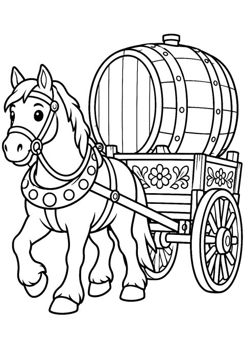 Tonneau de bière sur le chariot à colorier – coloriage à imprimer