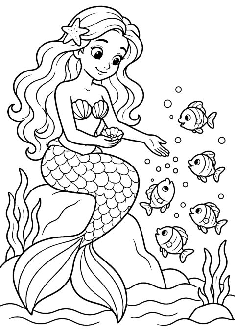 Mermaid Feeding Little Fish Coloring Page – printable coloring page