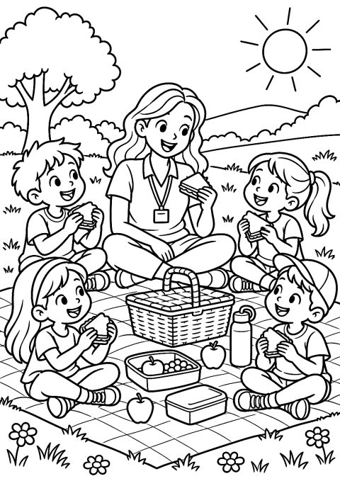 Maestra in Gita a Picnic con la Classe da Colorare – disegno da colorare da stampare