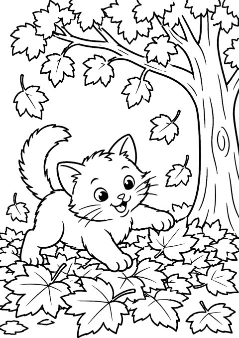 Chat dans les Feuilles d'Automne à Colorier – coloriage à imprimer