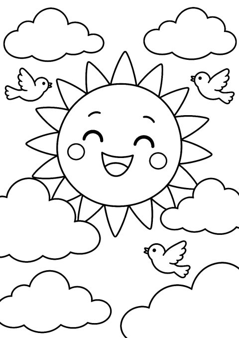 Sonne mit Wolken und Vögeln als Malvorlage – Ausmalbild zum Ausdrucken