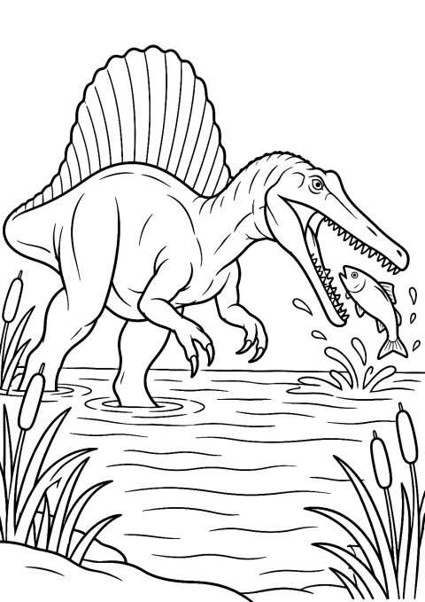 Spinosaurus beim Fischen im Fluss als Malvorlage – Ausmalbild zum Ausdrucken