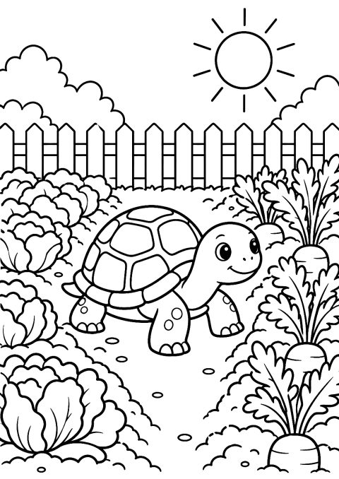 Schildkröte im Garten zwischen Gemüsebeeten als Malvorlage – Ausmalbild zum Ausdrucken