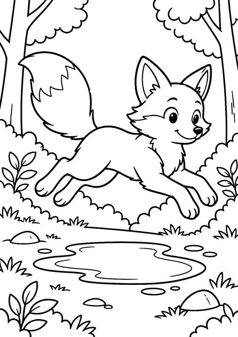 Fuchs springt über eine Pfütze als Malvorlage – Ausmalbild zum Ausdrucken