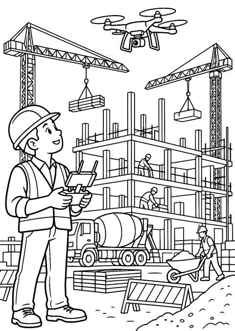 Arquitecto con Dron sobre una Obra para Colorear – dibujo para colorear e imprimir