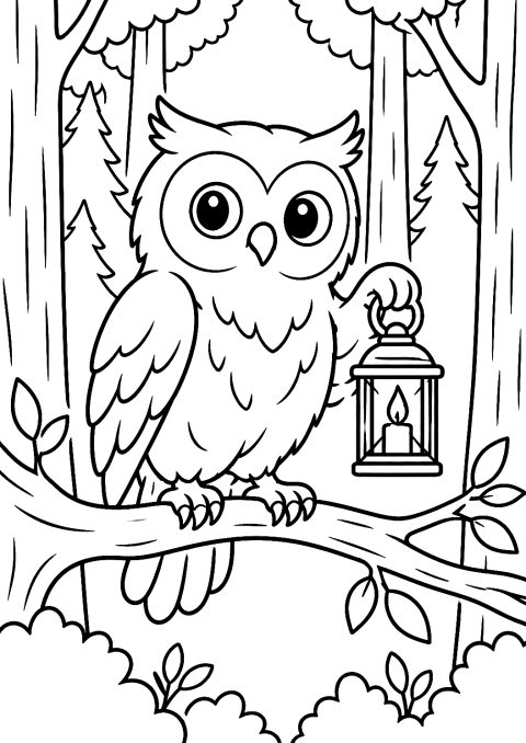 Gufo con lanterna nel bosco buio da colorare – disegno da colorare da stampare