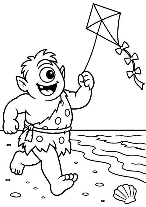 Cyclope faisant voler un cerf-volant sur la plage, coloriage – coloriage à imprimer