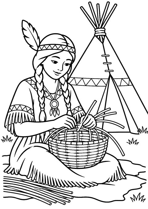 Native American Woman Weaving a Basket Coloring Page – printable coloring page