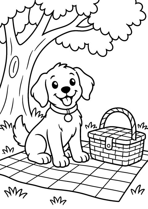 Hund mit Picknickkorb im Sommer als Malvorlage – Ausmalbild zum Ausdrucken