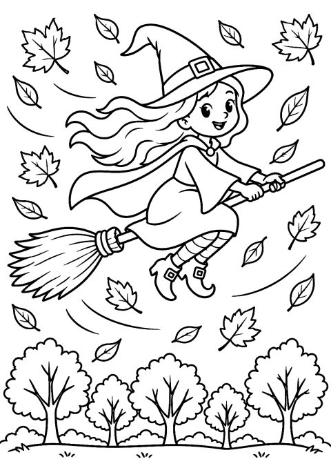 Bruja Vuela entre Hojas de Otoño en su Escoba para Colorear – dibujo para colorear e imprimir