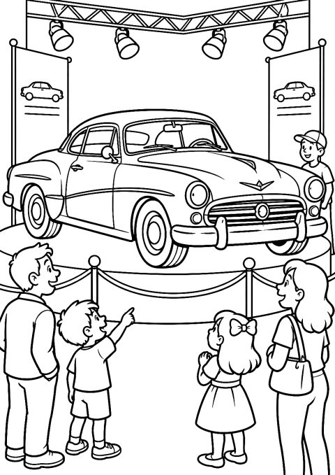 Auto d'epoca a un salone dell'auto da colorare – disegno da colorare da stampare