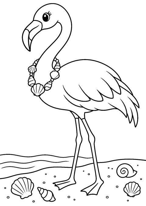 Flamingo med ett halsband av snäckskal som målarbild – målarbild att skriva ut